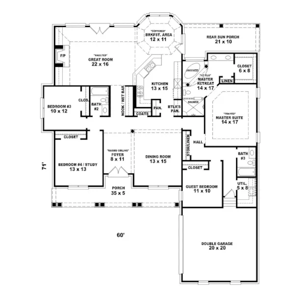 Ranch House Plan First Floor - Hidden Creek Country Ranch Home 087D-0499 - Search House Plans and More