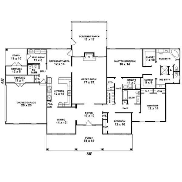 Cape Cod & New England House Plan First Floor - Lovett Southern Home 087D-1448 - Shop House Plans and More