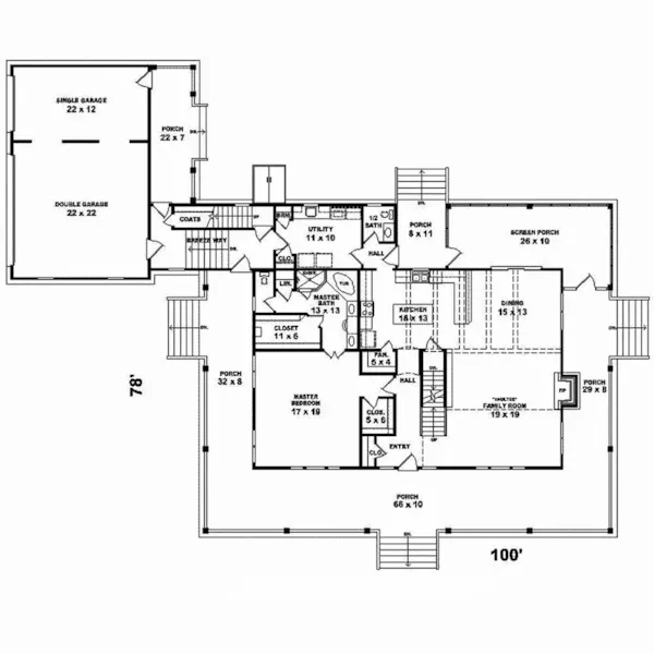 Farmhouse Plan First Floor - Daytor Rustic Lake Home 087D-1679 - Search House Plans and More