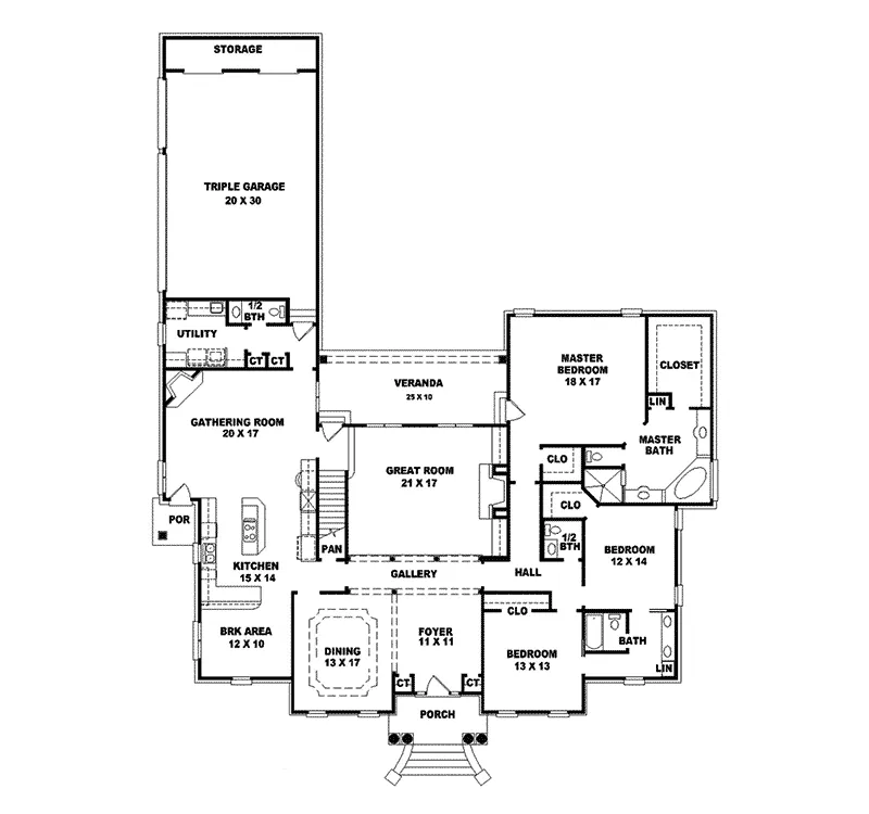 Southern House Plan First Floor - Linden Manor Colonial Home 087S-0052 - Shop House Plans and More