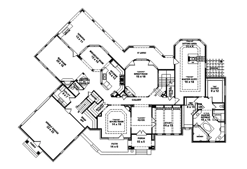 Spanish House Plan First Floor - Mandeville Manor Sunbelt Home 087S-0086 - Shop House Plans and More