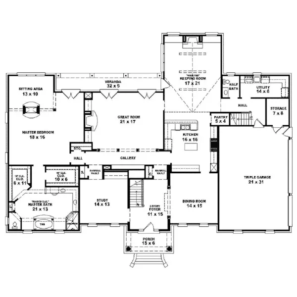 Southern Plantation House Plan First Floor - Waverly Place Georgian Home 087S-0099 - Shop House Plans and More