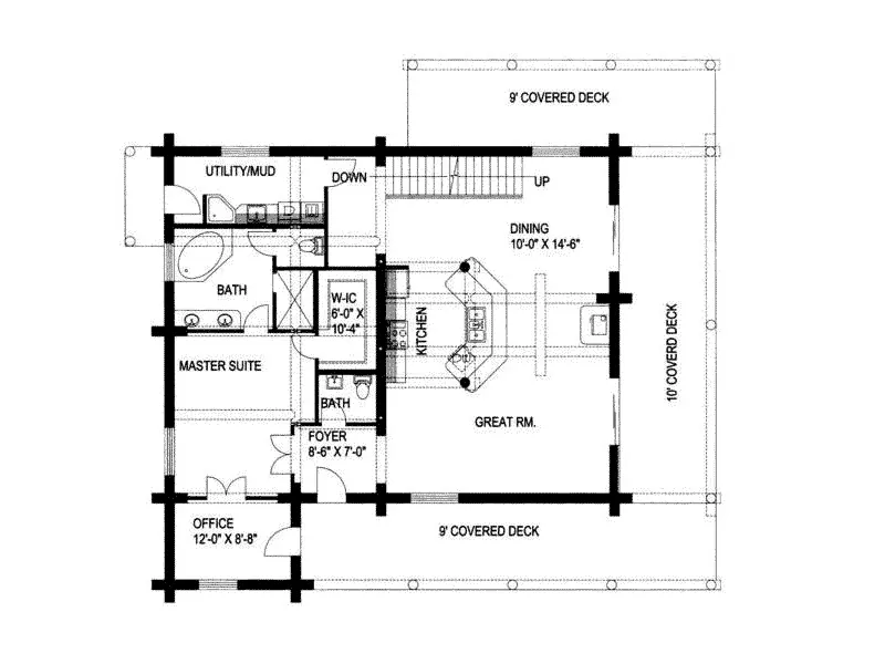 Contemporary House Plan First Floor - Trago Creek Log Home 088D-0016 - Shop House Plans and More