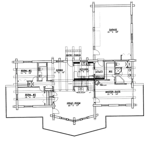 Modern House Plan First Floor - Riley Bluff Luxury Log Home 088D-0038 - Shop House Plans and More