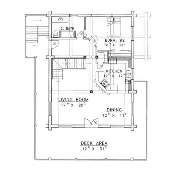 Lowcountry House Plan First Floor - Quiet Meadows Raised Log Home 088D-0043 - Shop House Plans and More