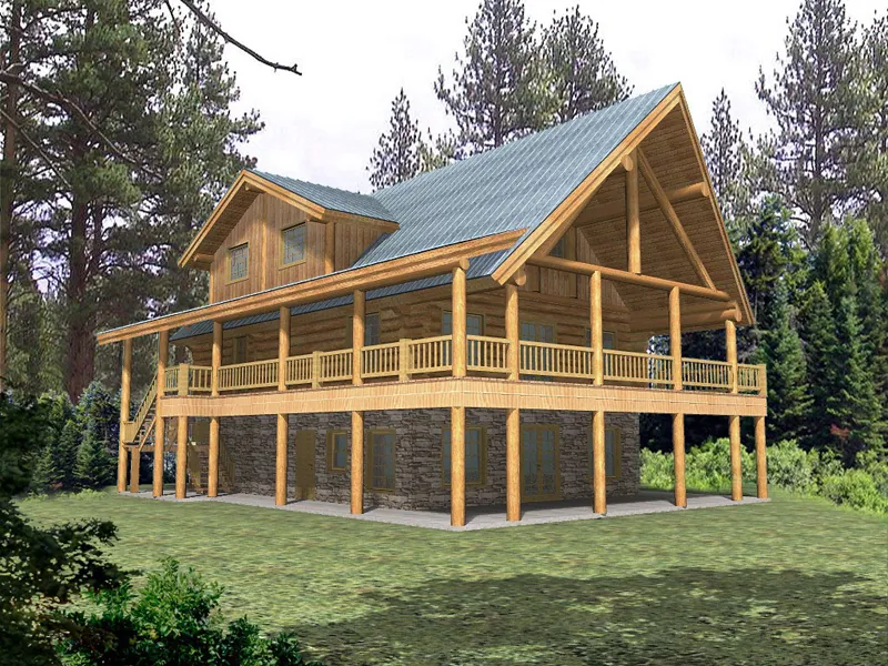 Rustic Raised Log Home With Wrap-Around Covered Porch