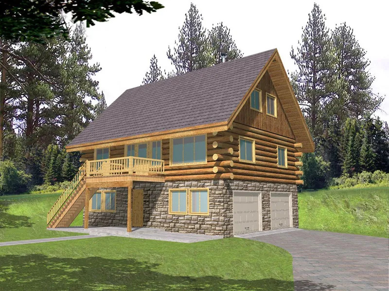 Raised Log Cabin With Two-Car Drive Under Garage