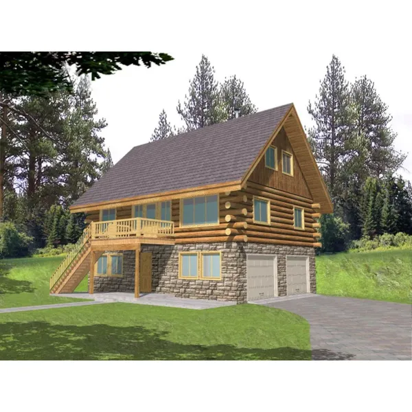 Raised Log Cabin With Two-Car Drive Under Garage