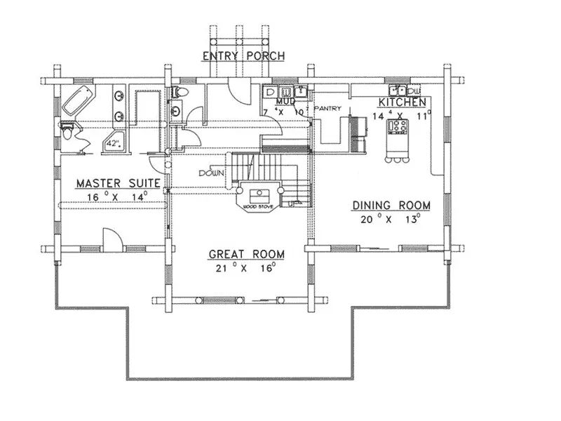 Contemporary House Plan First Floor - Marvin Peak Log Home 088D-0050 - Shop House Plans and More
