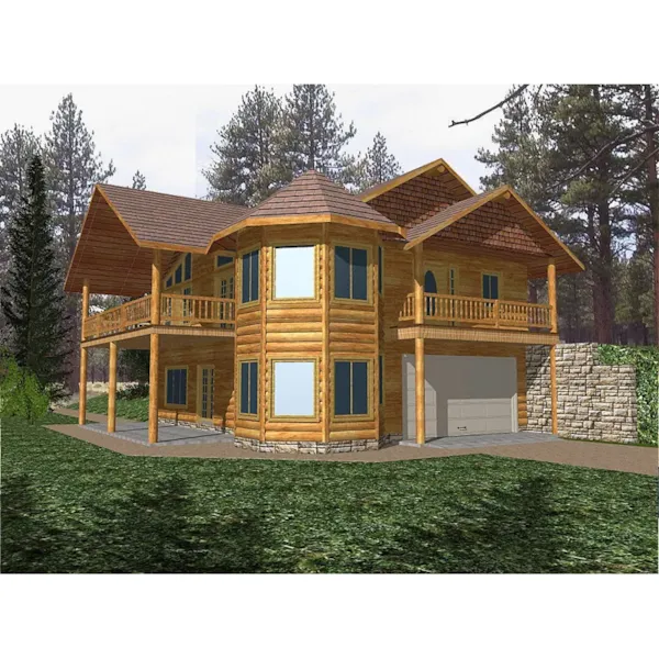 Rustic Two-Story Log Home With Corner Turret 