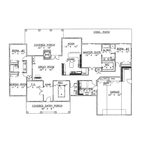 Southern House Plan First Floor - Bethesda Park Ranch Home 088D-0221 - Search House Plans and More