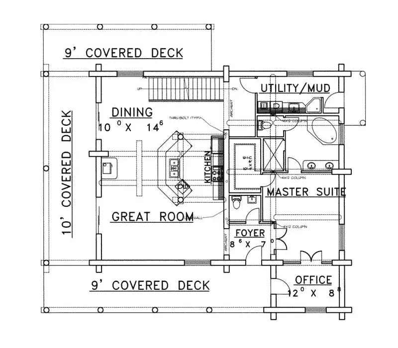 Rustic House Plan First Floor - Lodgepole Rustic Log Home 088D-0323 - Shop House Plans and More