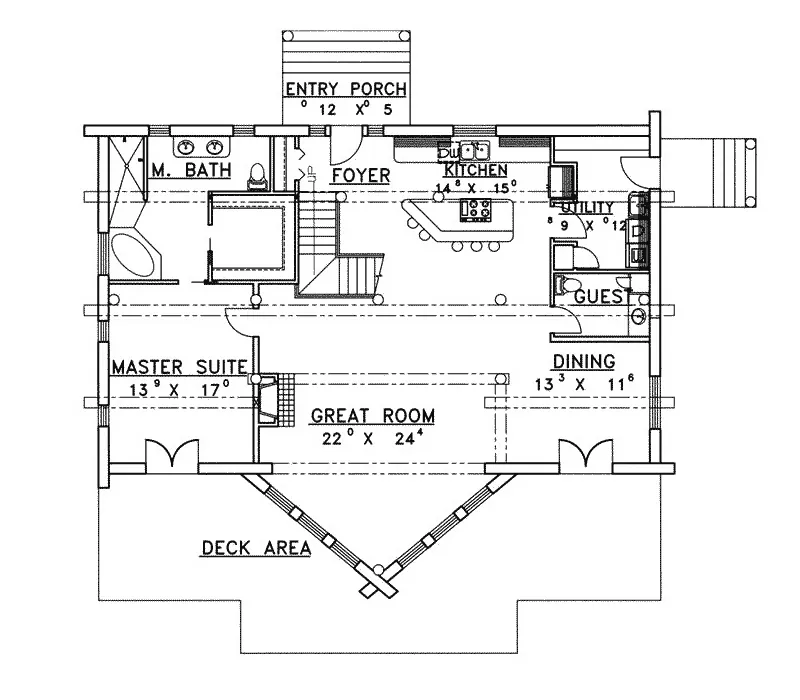 Log House Plan First Floor - Powderhorn Log Home 088D-0328 - Shop House Plans and More