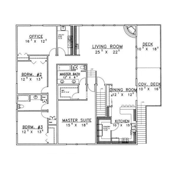 Mountain House Plan First Floor - Deltaview Country Home 088D-0343 - Search House Plans and More