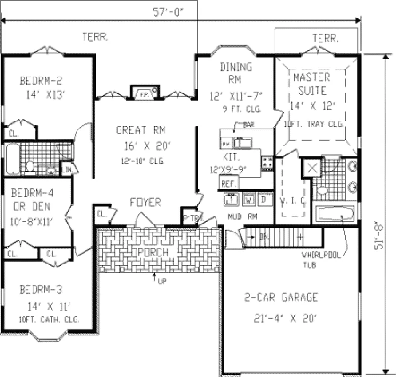 Southern House Plan First Floor - Minersville Country Ranch Home 089D-0010 - Shop House Plans and More