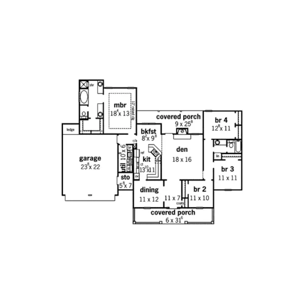 Ranch House Plan First Floor - Baylor Southern Country Home 092D-0032 - Search House Plans and More