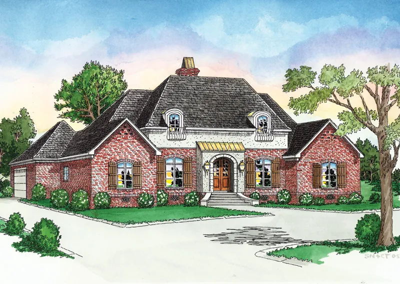 European Inspired Two-Story With Stucco And Brick Exterior Finish