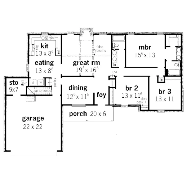 Country House Plan First Floor - Evan Traditional Ranch Home 092D-0100 - Search House Plans and More