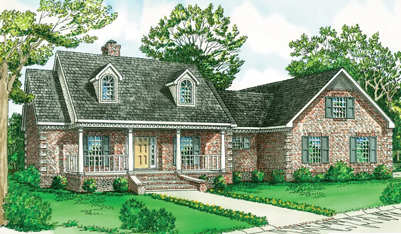 Two Dormers And Covered Front Porch Adorn This Country Home