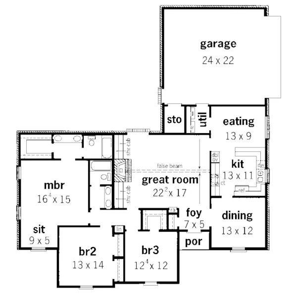 Ranch House Plan First Floor - Sand Spring Sunbelt Ranch Home 092D-0135 - Shop House Plans and More