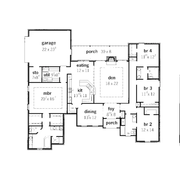 Ranch House Plan First Floor - Labette Country French Home 092D-0209 - Shop House Plans and More