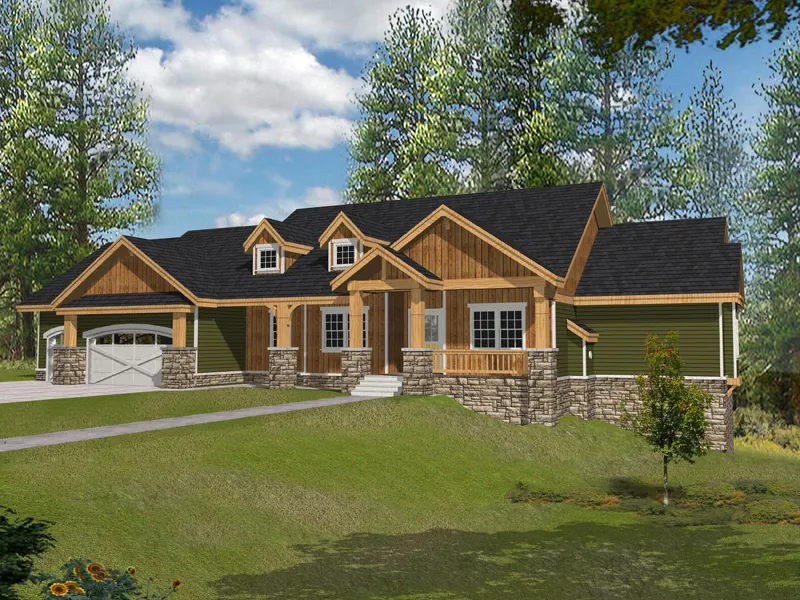 Rustic Craftsman Style Ranch House With Stone Accents