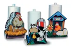 Country style paper towel holders feature scenes you can paint of a rooster, chicken and cow