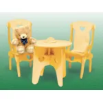 This doll's table and chairs includes a table with heart cut-outs and two chairs of the same design