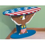 This patriotic table has a bald eagle design as the stand with a stars and stripes pattern on the top