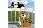 Two different styles of layered lap dogs offer a fun and creative outdoor decoration