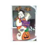 Cute and colorful waving ghost greets halloween trick-or-treaters at your front door