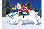 Fantasy flyer pattern features a festive Santa riding a polar bear