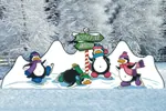 The all skate pattern includes a mountain of snow and four penguins