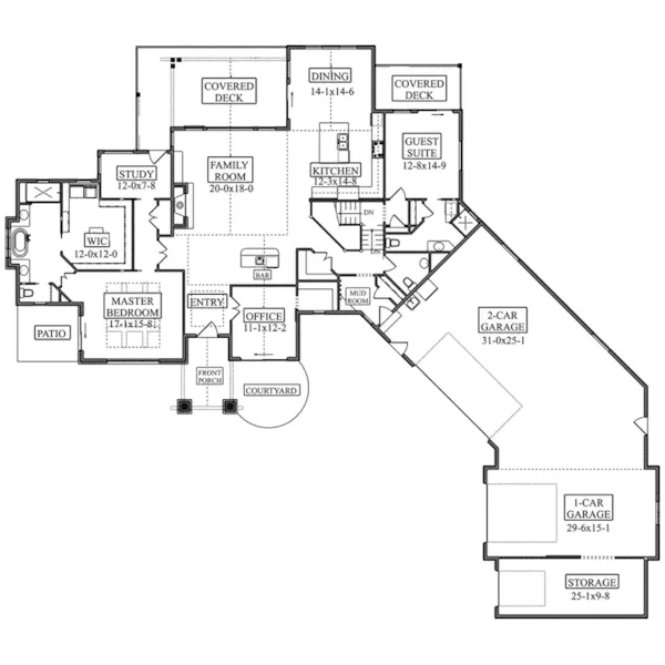 Mountain House Plan First Floor - Canyon Shadow Rustic Home 101D-0084 - Search House Plans and More