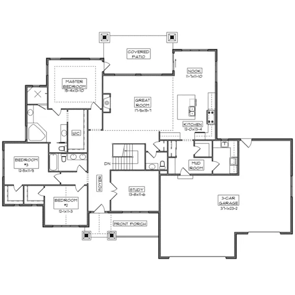 Arts & Crafts House Plan First Floor - Lincoln Creek Ranch Home 101D-0102 - Shop House Plans and More