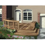 Low-level deck has a portion with a railing and shallow steps to the ground level