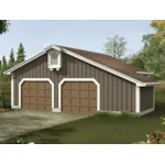 Two-car garage has work area for convenience and a rustic exterior style