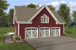 Refined three-car garage style with living space above has detailed garage doors for added interest