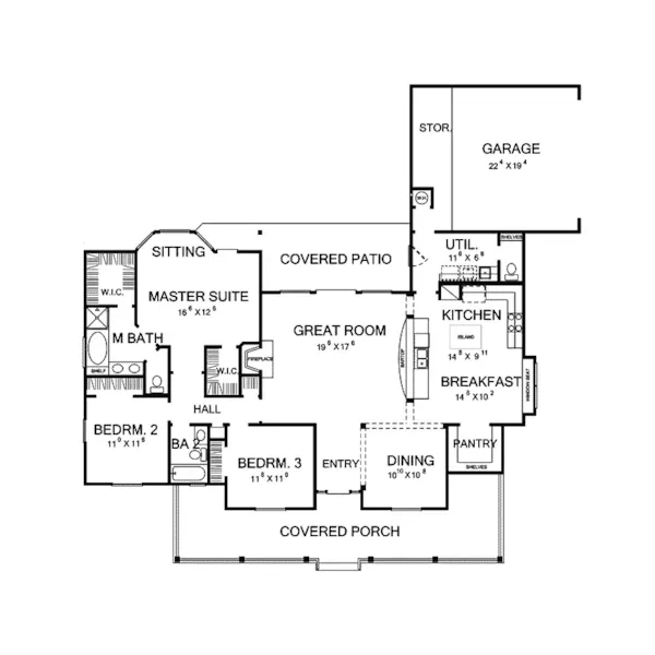 Southern House Plan First Floor - Portico Country Home 111D-0004 - Shop House Plans and More