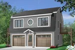 Two-story style two-car garage apartment has symmetrical feel with round center window 