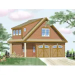 Two-story garage has Craftsman style details and arched garage doors