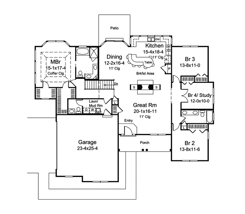 Waterfront House Plan First Floor - Abigail Traditional Ranch Home 121D-0011 - Search House Plans and More