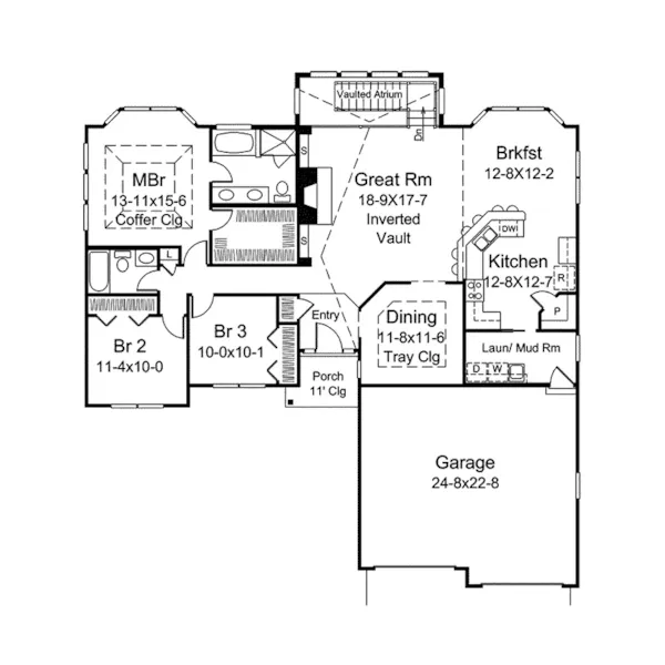 Traditional House Plan First Floor - Evelyn Atrium Ranch Home 121D-0013 - Search House Plans and More