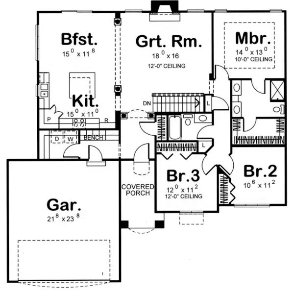 Traditional House Plan First Floor - Freeman Bay Ranch Home 123D-0010 - Shop House Plans and More