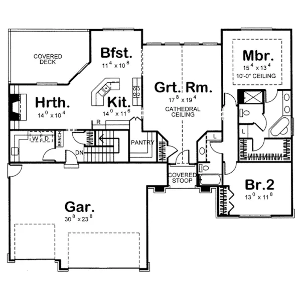 Ranch House Plan First Floor - Rhodes Place Ranch Home 123D-0023 - Shop House Plans and More