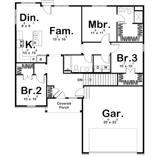 Ranch House Plan First Floor - Willett Country Home 123D-0028 - Shop House Plans and More