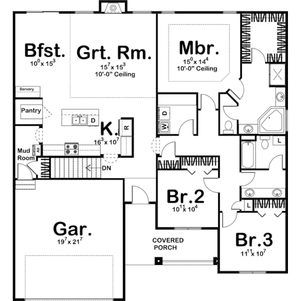 Traditional House Plan First Floor - Overwood One-Story Home 123D-0036 - Shop House Plans and More