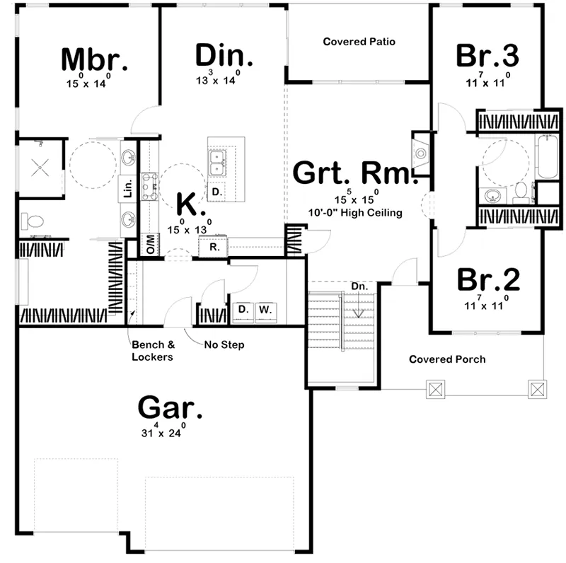 Country House Plan First Floor - Ridgeway Ranch Home 123D-0051 - Shop House Plans and More