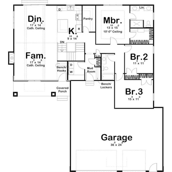 Craftsman House Plan First Floor - Stockport Ranch Home 123D-0124 - Shop House Plans and More