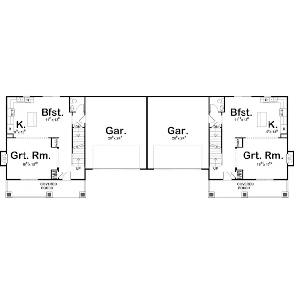 Craftsman House Plan First Floor - Valentino Bungalow Duplex 123D-0329 | House Plans and More